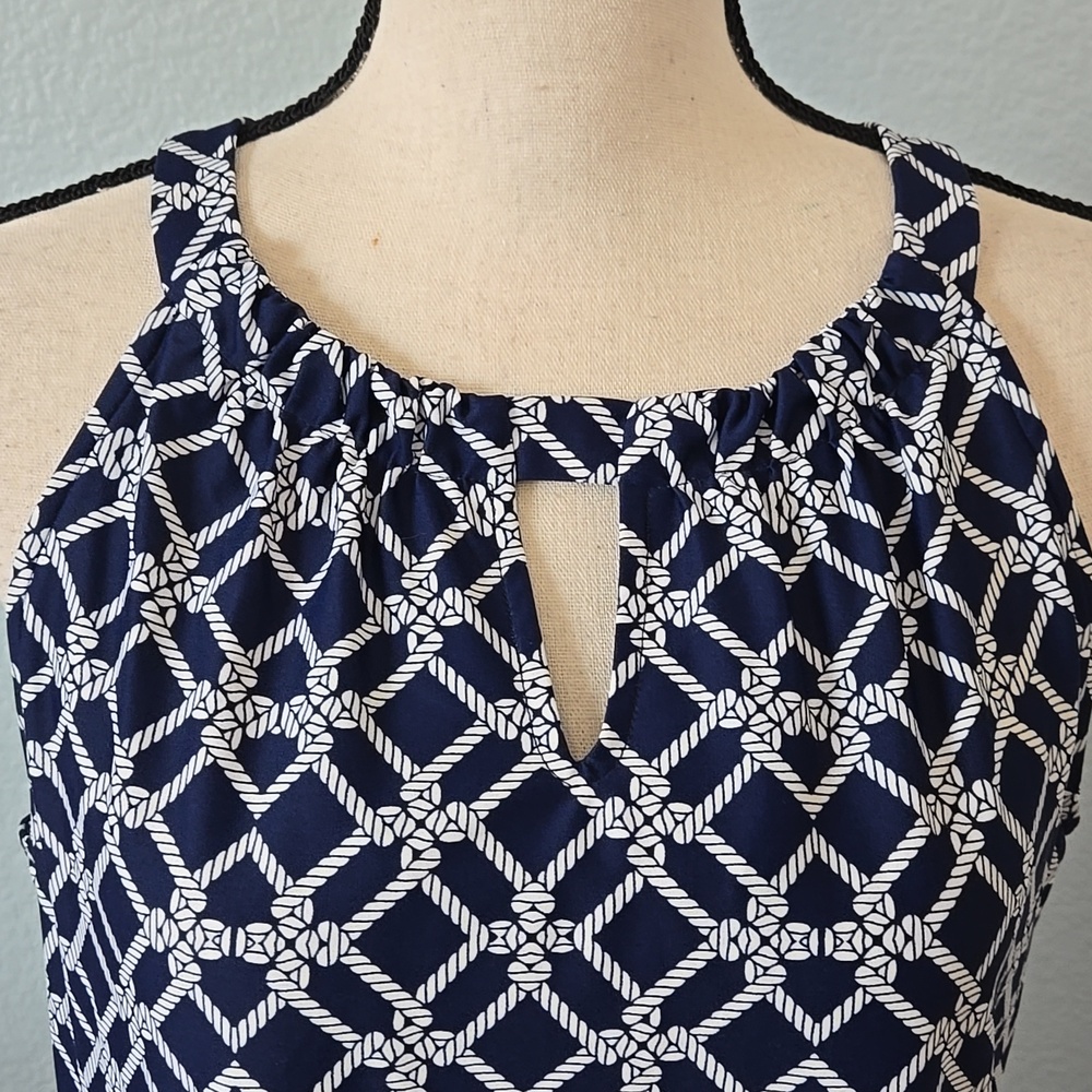 JUDE CONNALLY Sleeveless Halter Mini Dress Navy White Geometric Print Sz LARGE - Picture 2 of 9